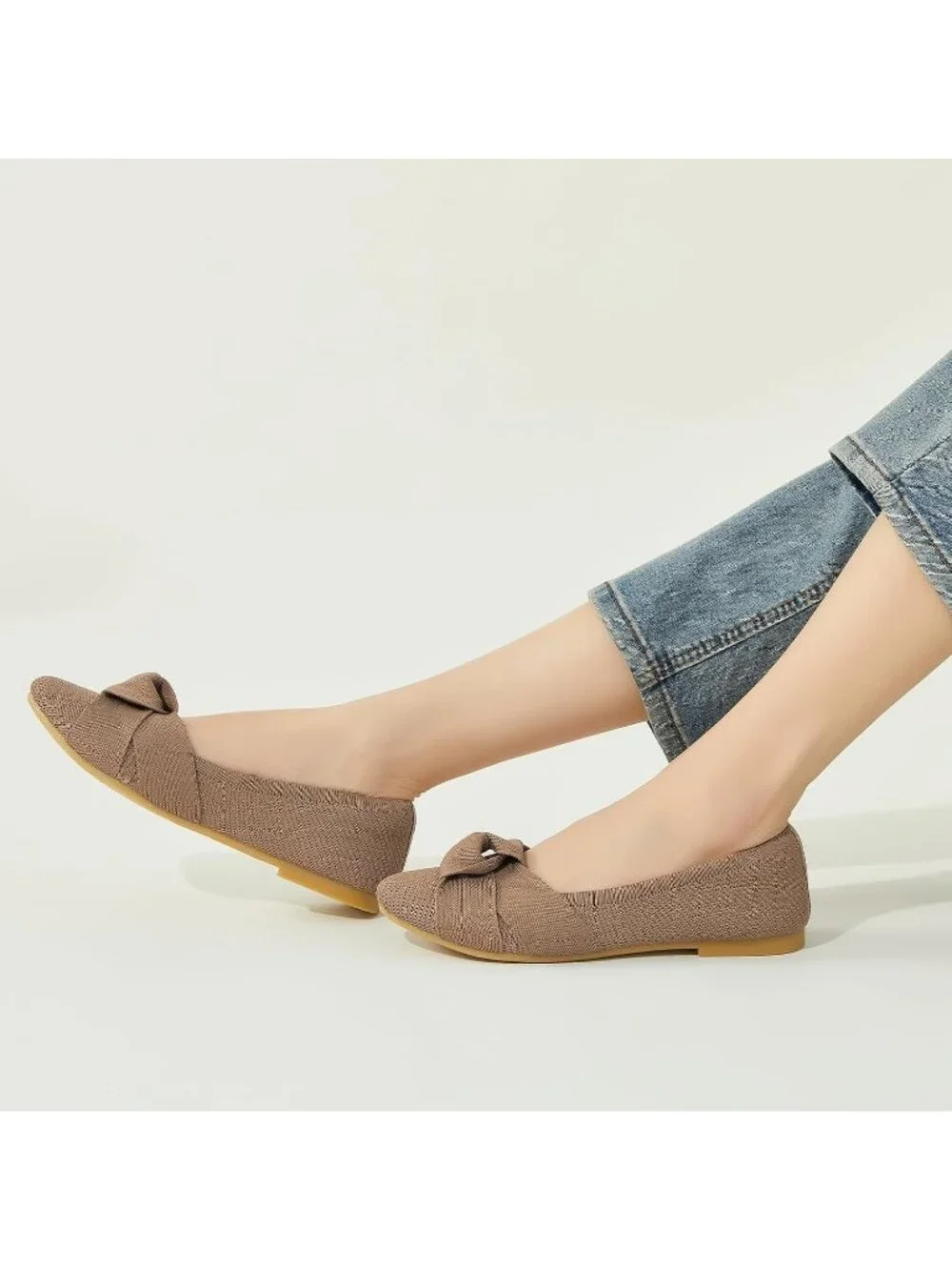 Women’s Dark Apricot Bowknot Round Toe Flat Lightweight Breathable Slip-On Shoes